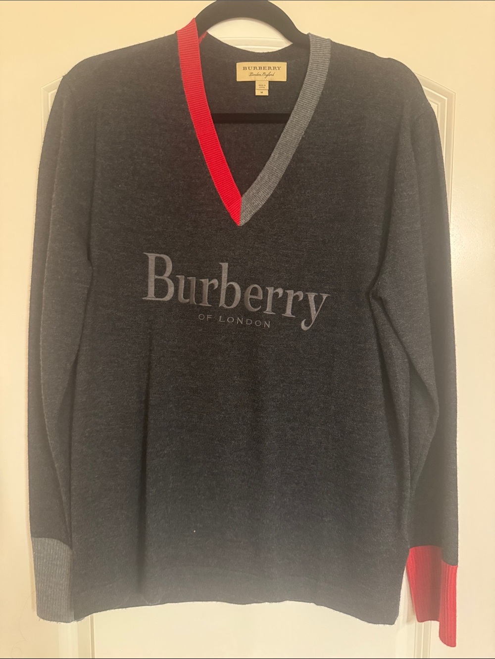 Burberry Charcoal V-Neck Logo Sweater with Red and Gray Trim